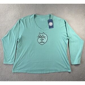 Life is Good Shirt‎ Crusher Tee Womens XXXL 3XL Cat Kitty Long Sleeve NWT